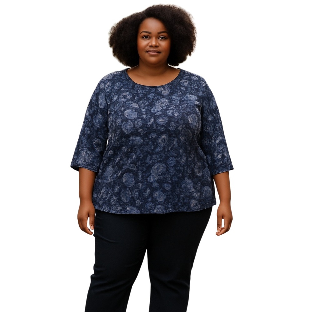 Talbots Blue Boxy Blouse with Floral Design and Three-Quarter Sleeves